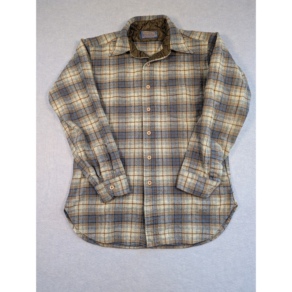 Vintage Pendleton Button Down Mens M Blue Brown Plaid Wool Flannel Shirt Good